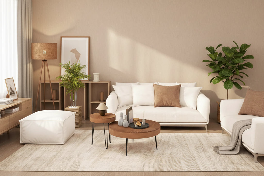 Mesa de centro redonda de estilo rústico y mesa auxiliar con acabado natural