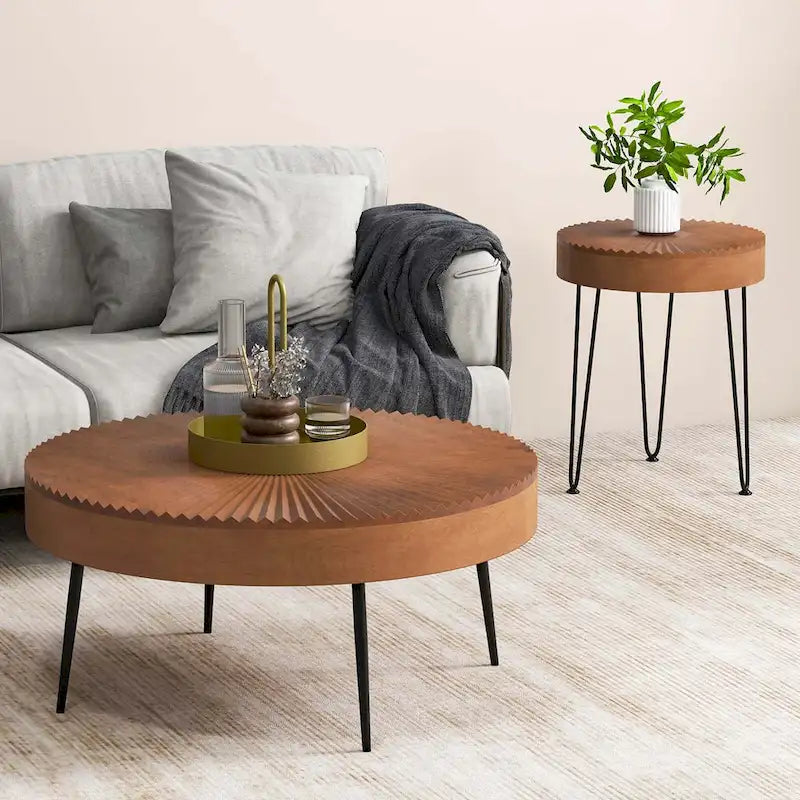 Mesa de centro redonda de estilo rústico y mesa auxiliar con acabado natural