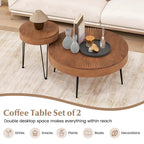 Mesa de centro redonda de estilo rústico y mesa auxiliar con acabado natural