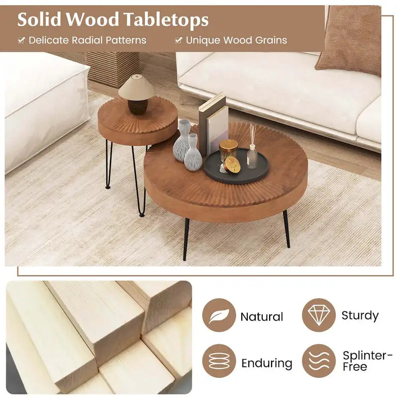 Mesa de centro redonda de estilo rústico y mesa auxiliar con acabado natural