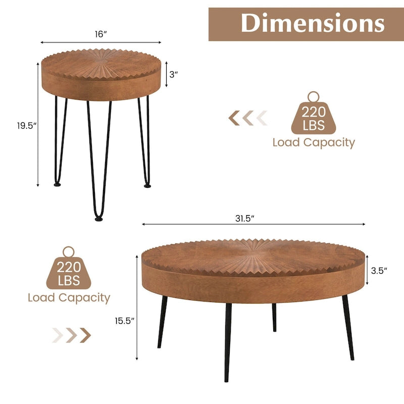 Mesa de centro redonda de estilo rústico y mesa auxiliar con acabado natural