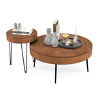 Mesa de centro redonda de estilo rústico y mesa auxiliar con acabado natural