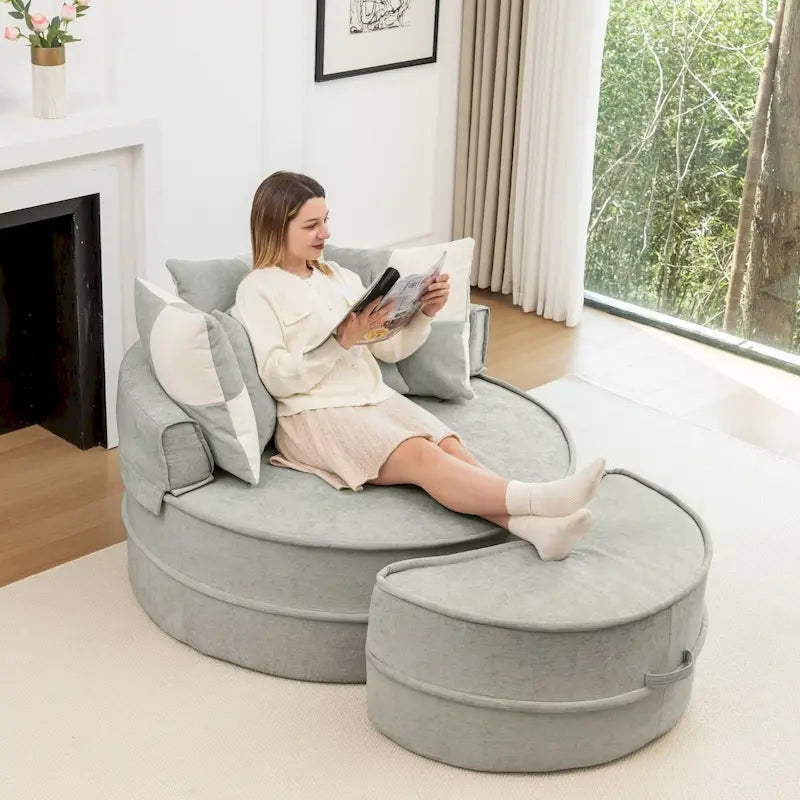 Sillón moderno redondo con barril y otomana - Sofá de terciopelo