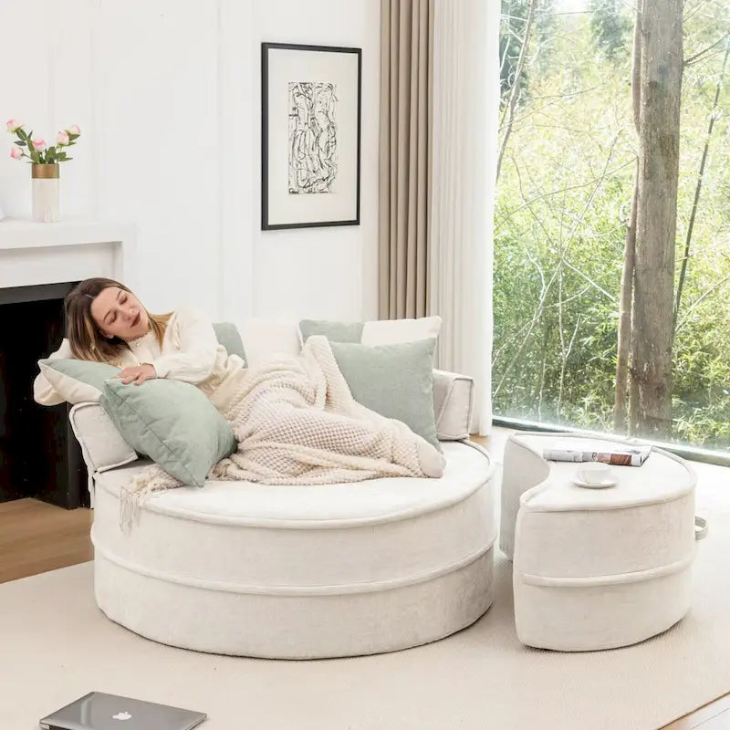 Sillón moderno redondo con barril y otomana - Sofá de terciopelo