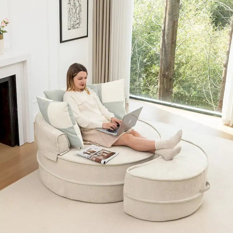 Sillón moderno redondo con barril y otomana - Sofá de terciopelo