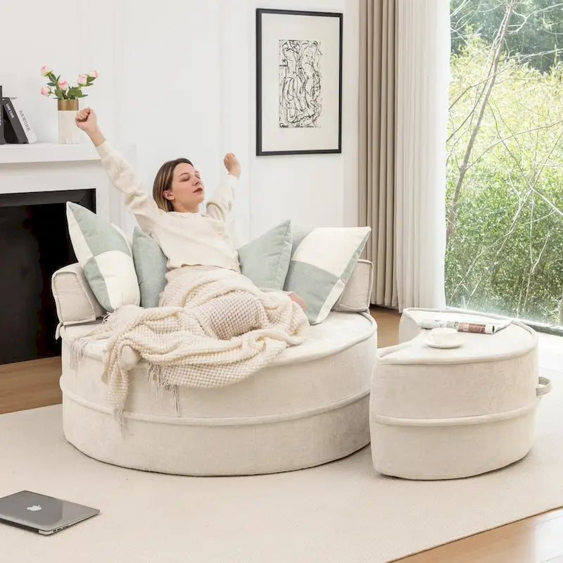 Sillón moderno redondo con barril y otomana - Sofá de terciopelo