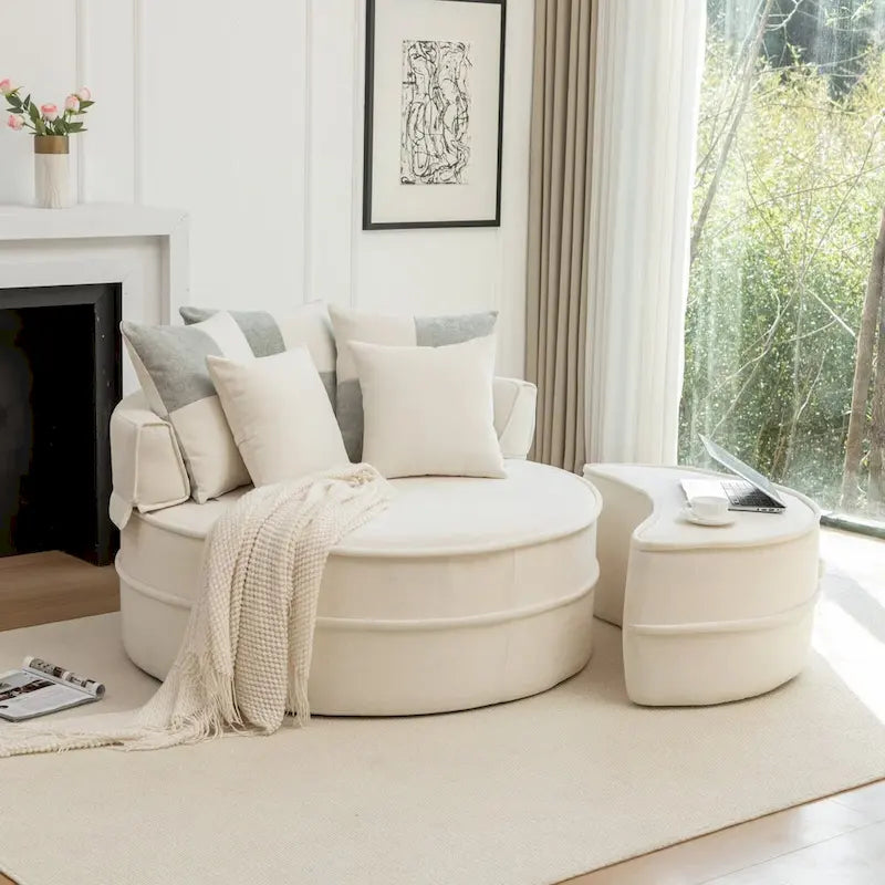 Sillón moderno redondo con barril y otomana - Sofá de terciopelo