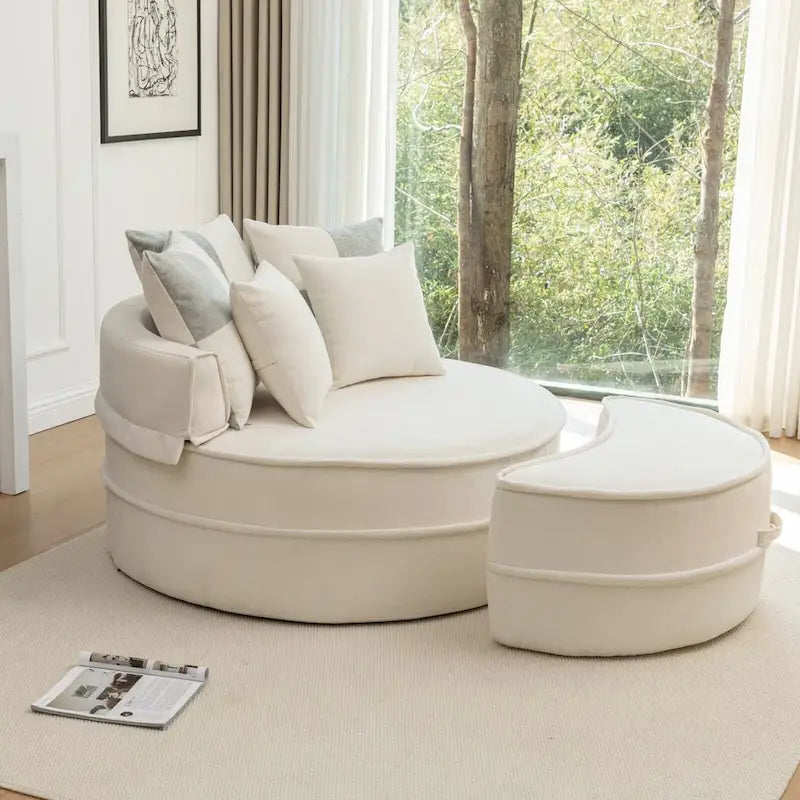 Sillón moderno redondo con barril y otomana - Sofá de terciopelo