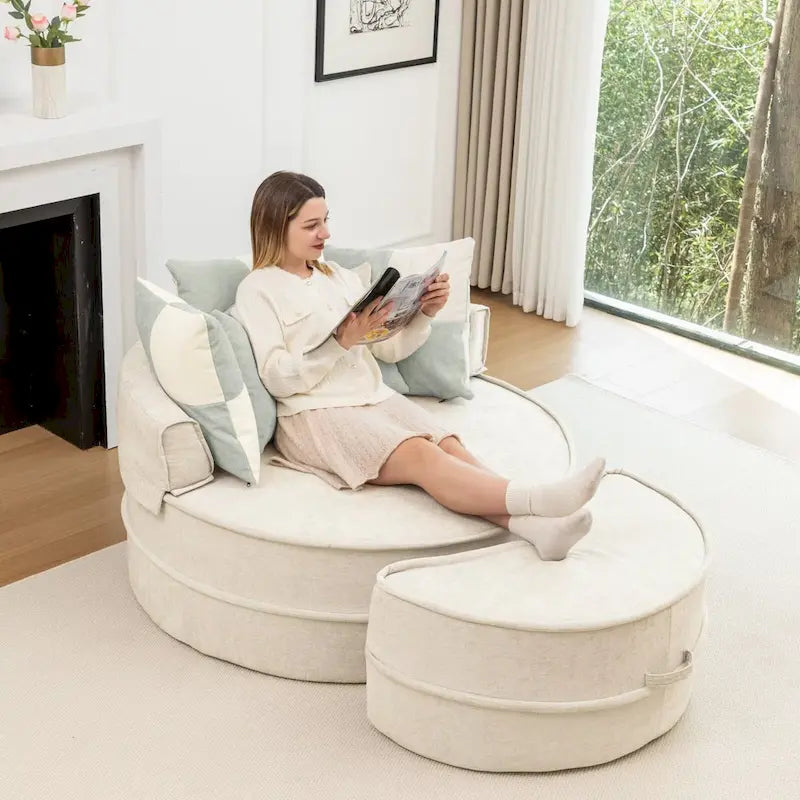 Sillón moderno redondo con barril y otomana - Sofá de terciopelo