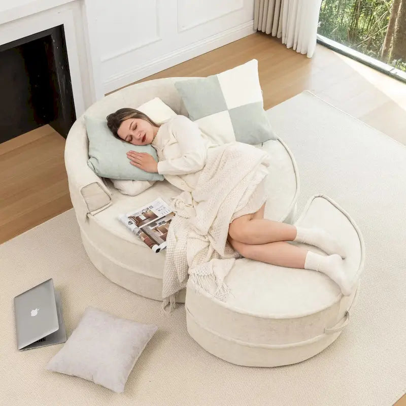 Sillón moderno redondo con barril y otomana - Sofá de terciopelo