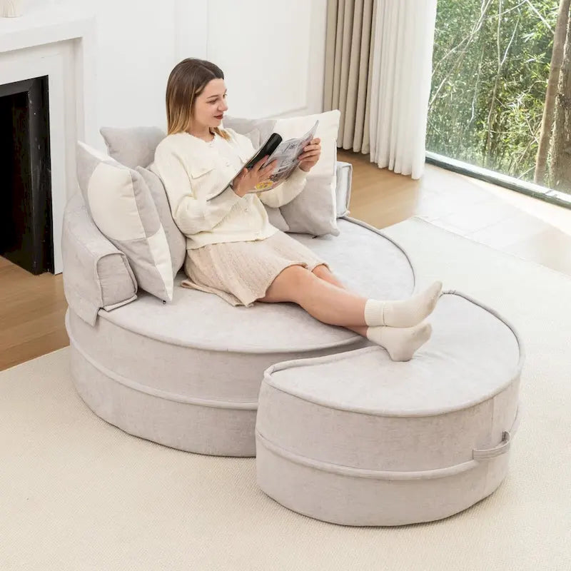 Sillón moderno redondo con barril y otomana - Sofá de terciopelo