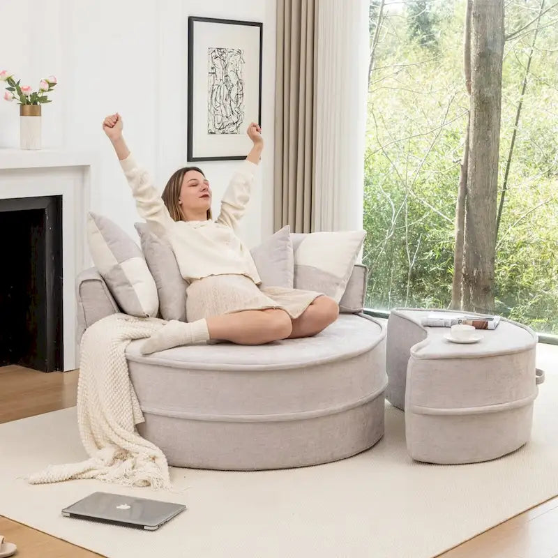 Sillón moderno redondo con barril y otomana - Sofá de terciopelo