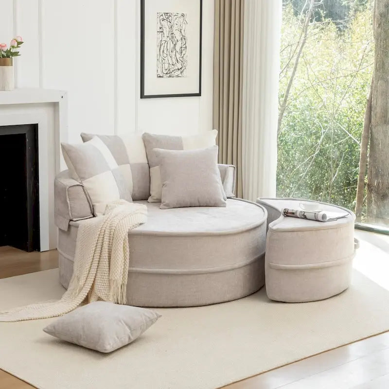Sillón moderno redondo con barril y otomana - Sofá de terciopelo