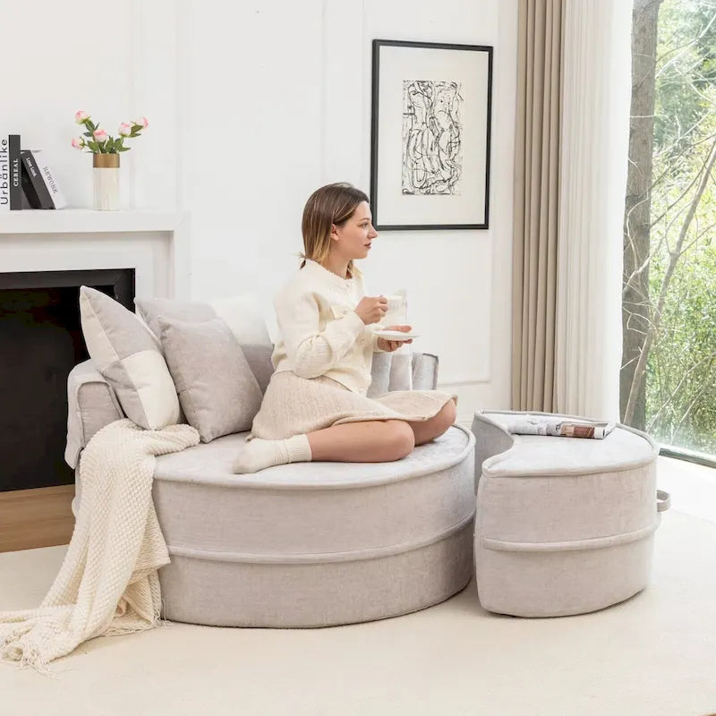 Sillón moderno redondo con barril y otomana - Sofá de terciopelo