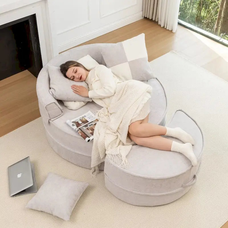 Sillón moderno redondo con barril y otomana - Sofá de terciopelo