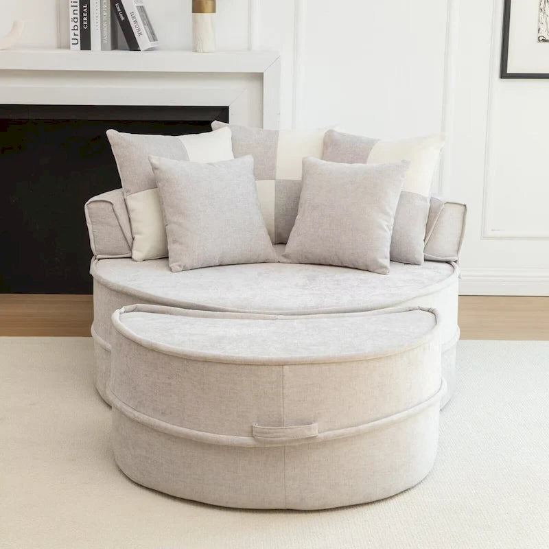 Sillón moderno redondo con barril y otomana - Sofá de terciopelo