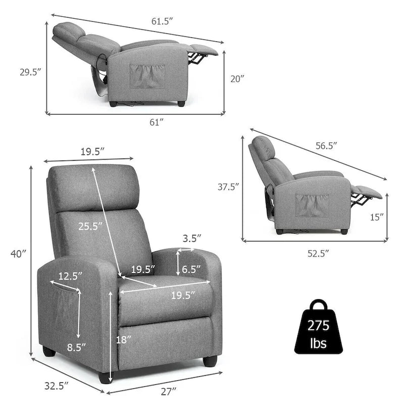 Sillón reclinable de masaje, sofá individual con asiento acolchado y reposapiés