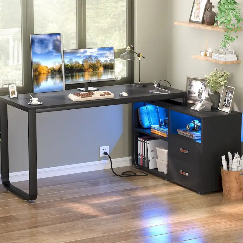 Escritorio reversible en forma de L de 55" con archivador y toma de corriente, escritorios esquineros para computadora con tira de LED y cajón