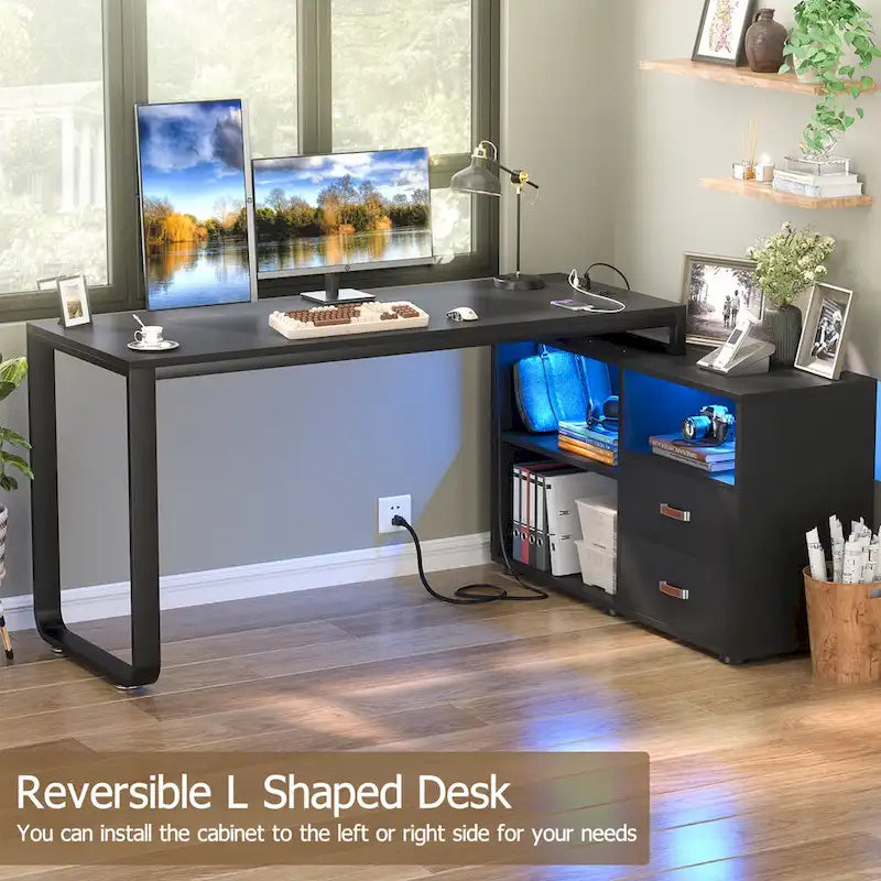 Escritorio reversible en forma de L de 55" con archivador y toma de corriente, escritorios esquineros para computadora con tira de LED y cajón