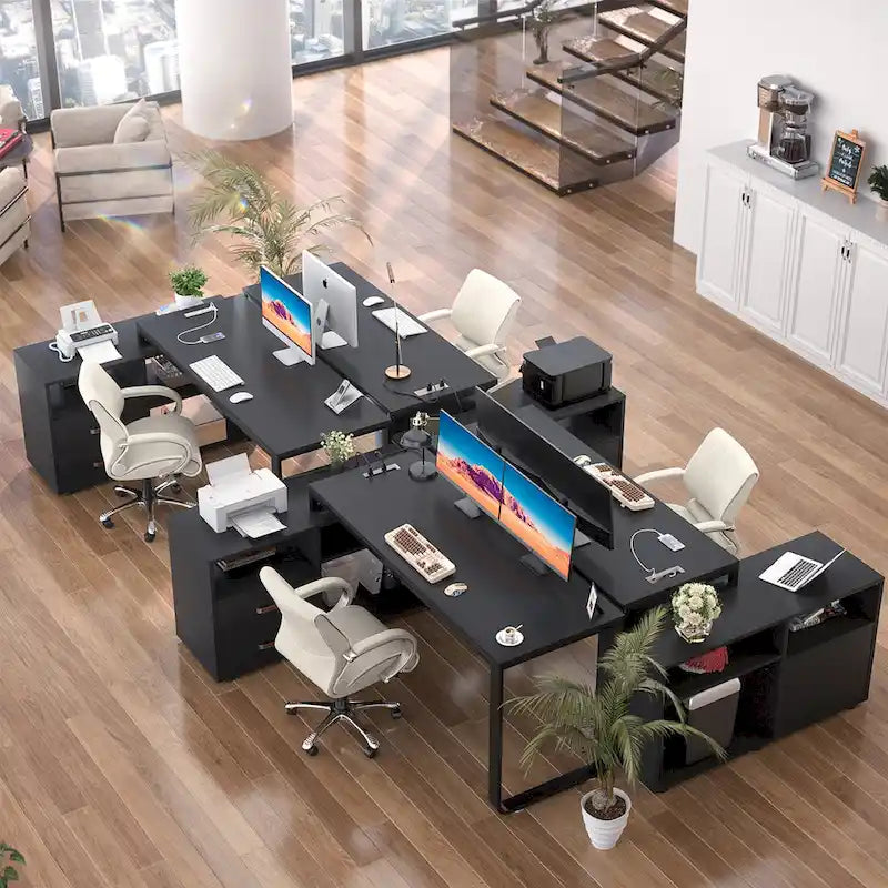 Escritorio reversible en forma de L de 55" con archivador y toma de corriente, escritorios esquineros para computadora con tira de LED y cajón
