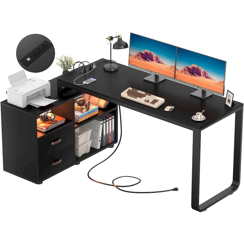 Escritorio reversible en forma de L de 55" con archivador y toma de corriente, escritorios esquineros para computadora con tira de LED y cajón
