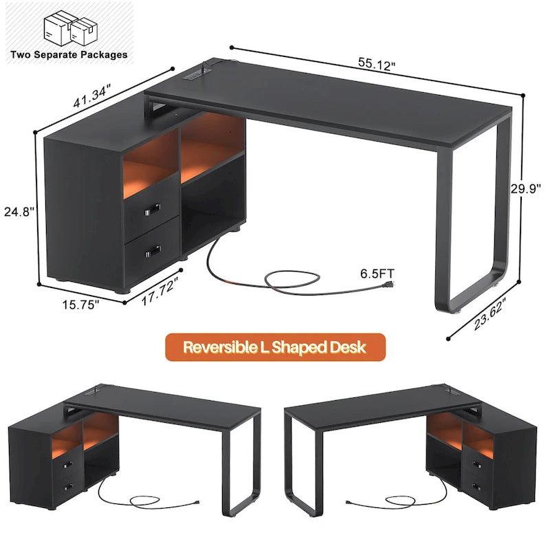 Escritorio reversible en forma de L de 55" con archivador y toma de corriente, escritorios esquineros para computadora con tira de LED y cajón