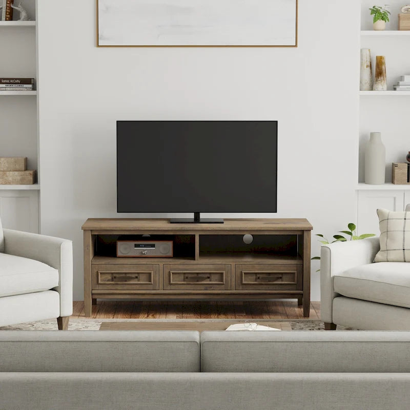 Mueble contemporáneo de madera maciza para TV y multimedia de 50 pulgadas de ancho en color marrón ahumado para televisores de hasta 55 pulgadas - 16p x 50an x 20al
