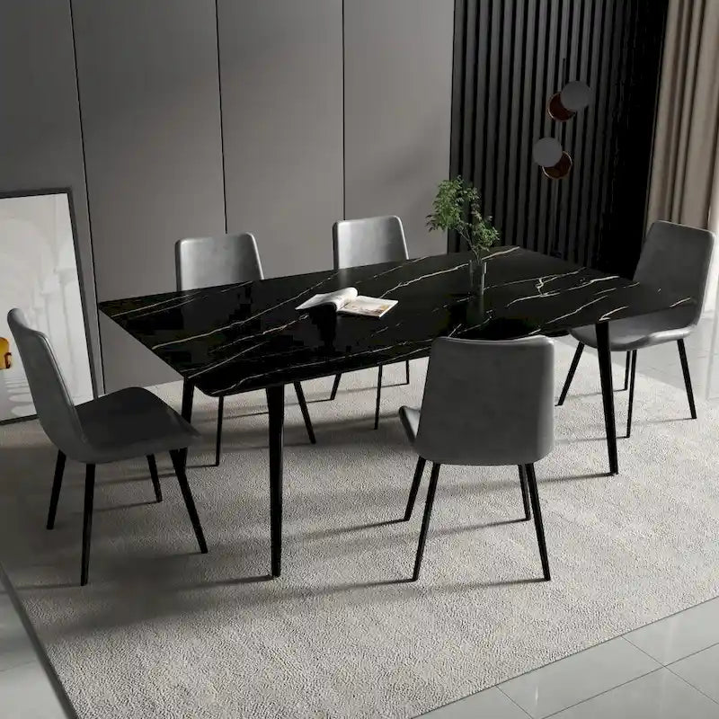 Mesa de comedor de cocina rectangular blanca de 70,8 pulgadas, con tablero de mármol de piedra sinterizada y patas de metal