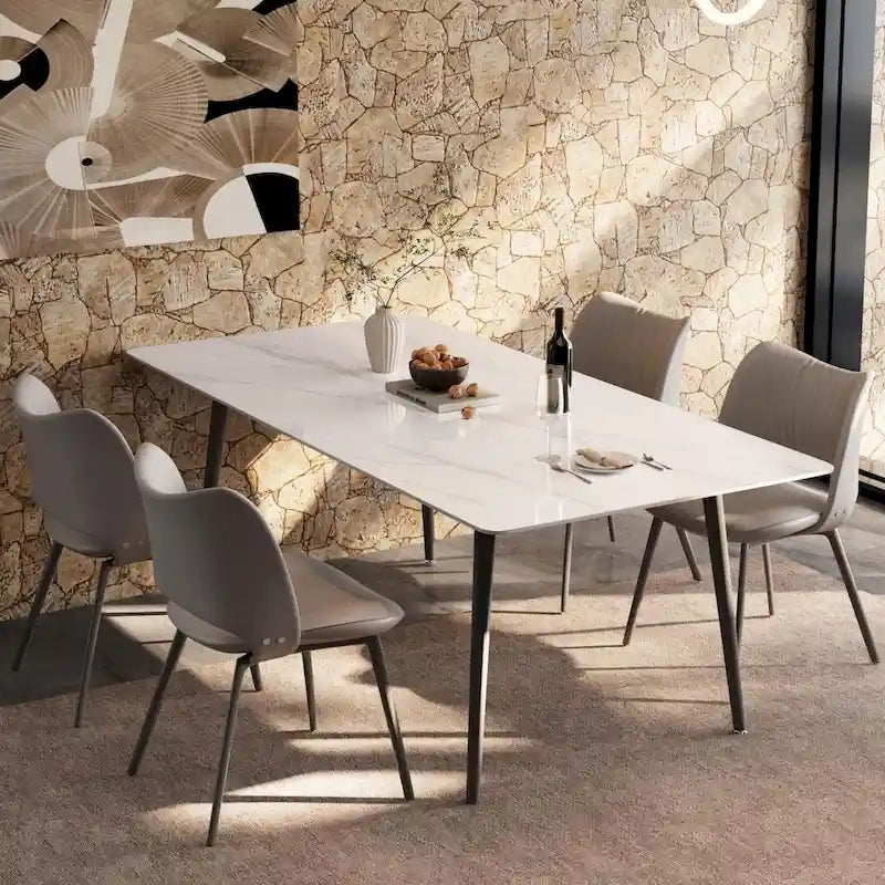 Mesa de comedor de cocina rectangular blanca de 70,8 pulgadas, con tablero de mármol de piedra sinterizada y patas de metal