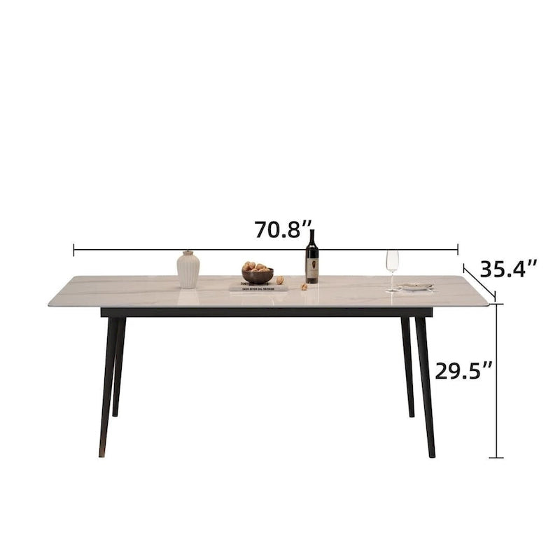 Mesa de comedor de cocina rectangular blanca de 70,8 pulgadas, con tablero de mármol de piedra sinterizada y patas de metal