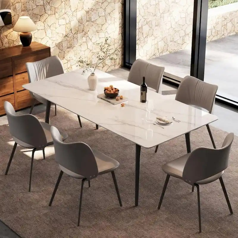 Mesa de comedor de cocina rectangular blanca de 70,8 pulgadas, con tablero de mármol de piedra sinterizada y patas de metal