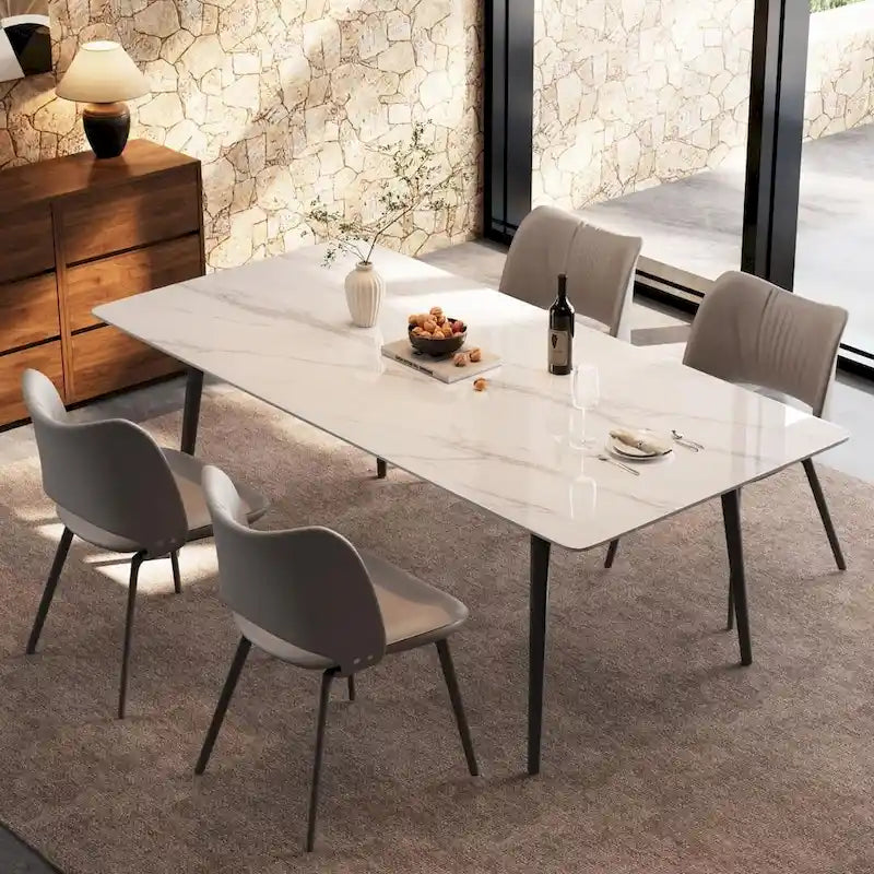Mesa de comedor de cocina rectangular blanca de 70,8 pulgadas, con tablero de mármol de piedra sinterizada y patas de metal