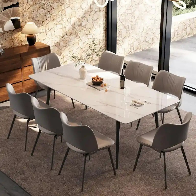 Mesa de comedor de cocina rectangular blanca de 70,8 pulgadas, con tablero de mármol de piedra sinterizada y patas de metal
