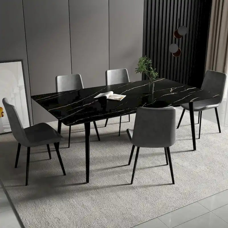 Mesa de comedor de cocina rectangular blanca de 70,8 pulgadas, con tablero de mármol de piedra sinterizada y patas de metal