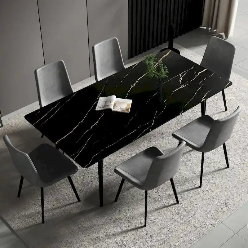 Mesa de comedor de cocina rectangular blanca de 70,8 pulgadas, con tablero de mármol de piedra sinterizada y patas de metal