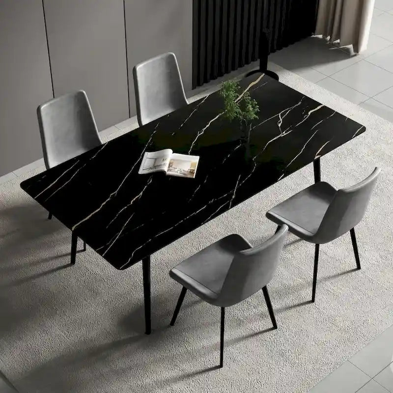 Mesa de comedor de cocina rectangular blanca de 70,8 pulgadas, con tablero de mármol de piedra sinterizada y patas de metal