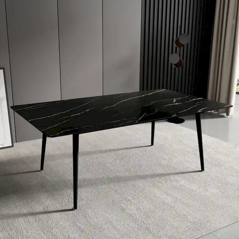 Mesa de comedor de cocina rectangular blanca de 70,8 pulgadas, con tablero de mármol de piedra sinterizada y patas de metal