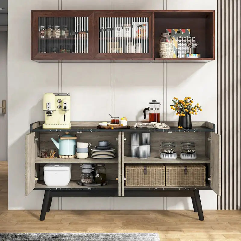 Aparador de cocina de 55 pulgadas, mesa de buffet, barra de café con almacenamiento y puertas para comedor, sala de estar, entrada