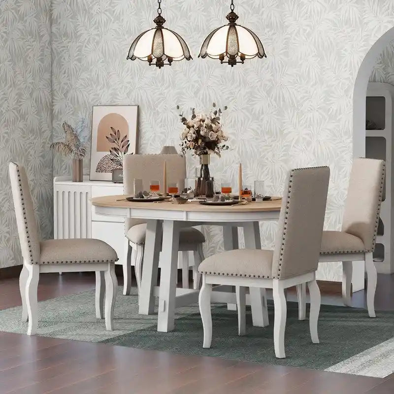 Juego de comedor de casa de campo con mesa de comedor redonda extensible de madera y 4 sillas de comedor tapizadas