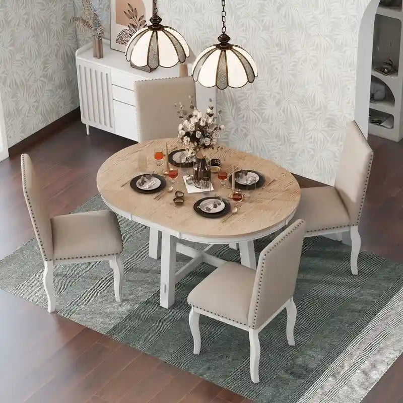 Juego de comedor de casa de campo con mesa de comedor redonda extensible de madera y 4 sillas de comedor tapizadas