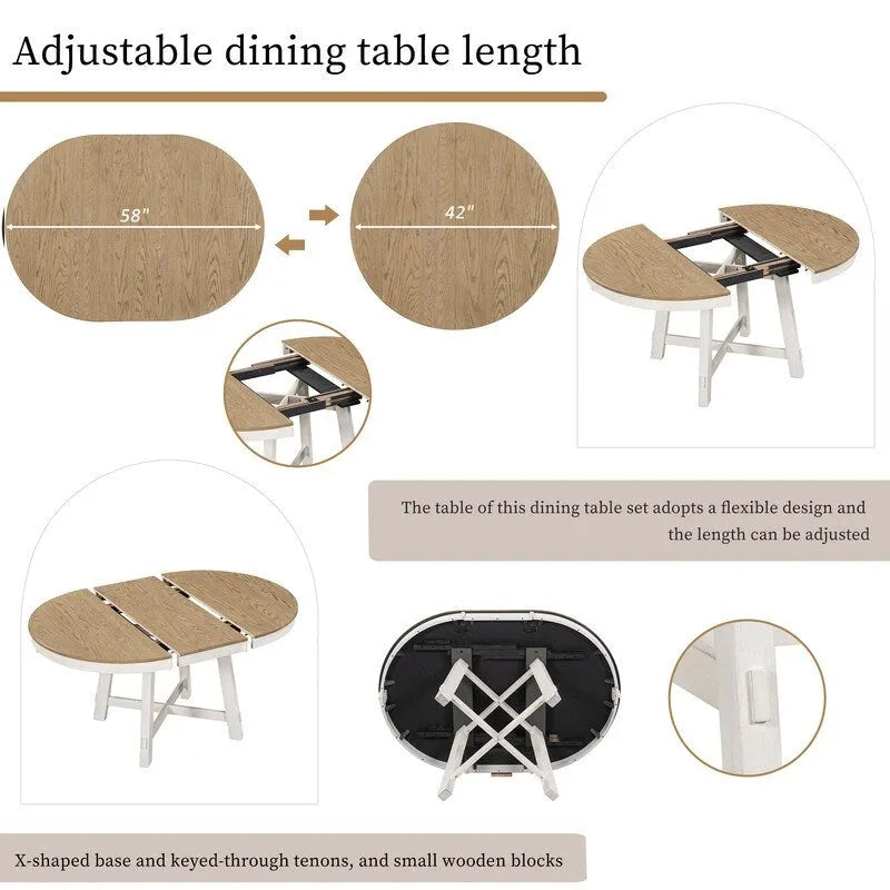 Juego de comedor de casa de campo con mesa de comedor redonda extensible de madera y 4 sillas de comedor tapizadas