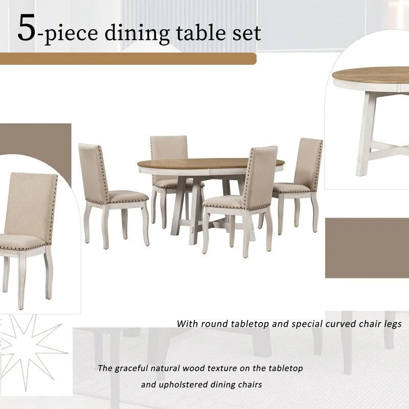 Juego de comedor de casa de campo con mesa de comedor redonda extensible de madera y 4 sillas de comedor tapizadas