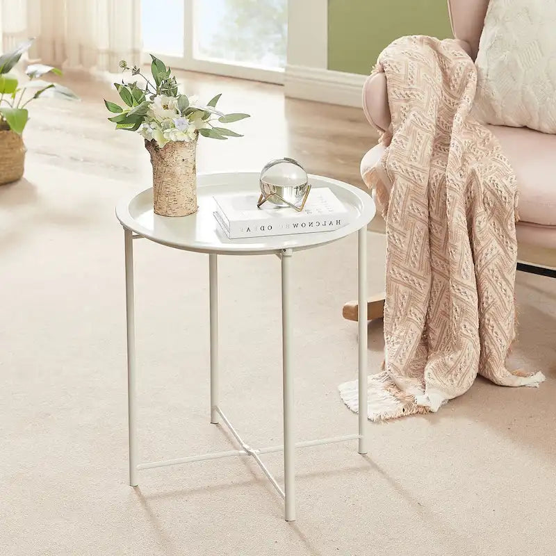 Mesa auxiliar moderna con bandeja redonda extraíble, beige