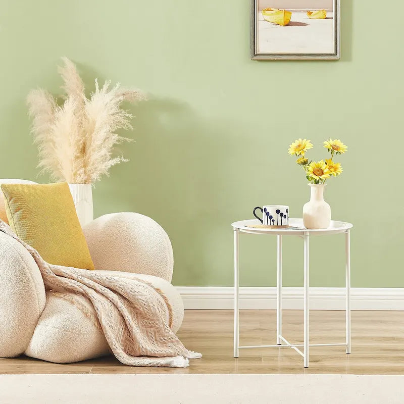 Mesa auxiliar moderna con bandeja redonda extraíble, beige