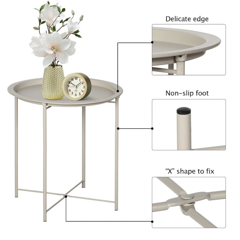 Mesa auxiliar moderna con bandeja redonda extraíble, beige