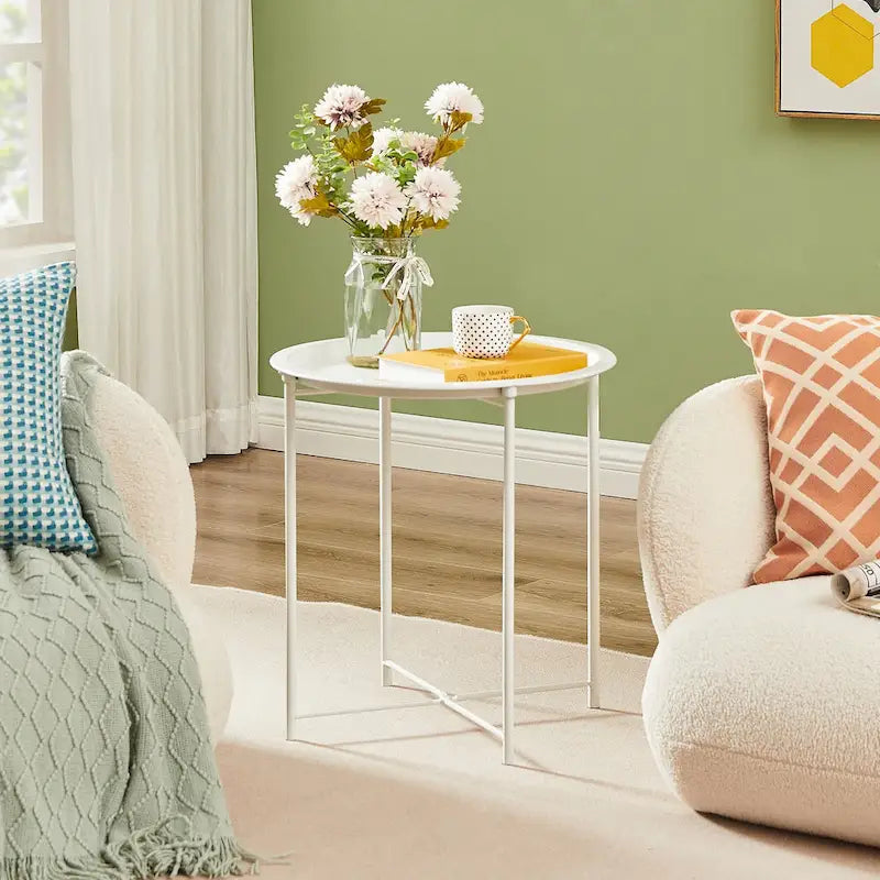Mesa auxiliar moderna con bandeja redonda extraíble, beige