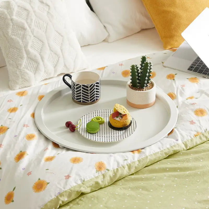Mesa auxiliar moderna con bandeja redonda extraíble, beige