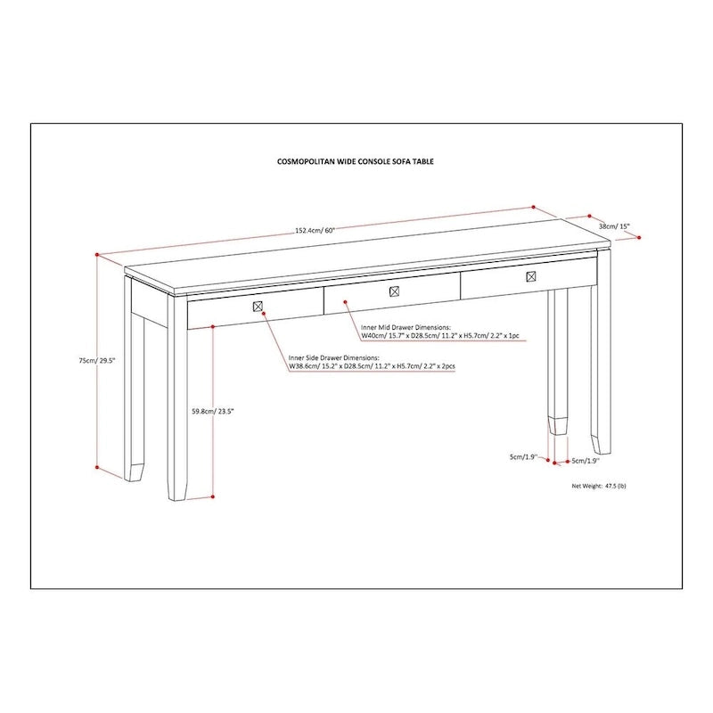 Mesa de Sofá Consola Contemporánea de MADERA MACIZA Essex de 60 pulgadas de Ancho - 60 x 15 x 29.5