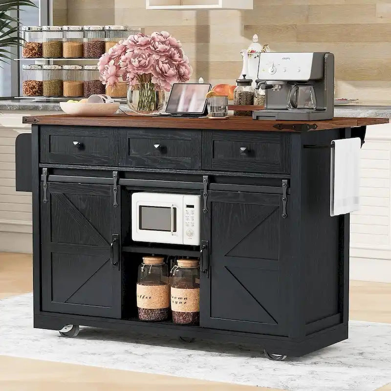 Carro de isla de cocina estilo granja con ruedas, toma de corriente