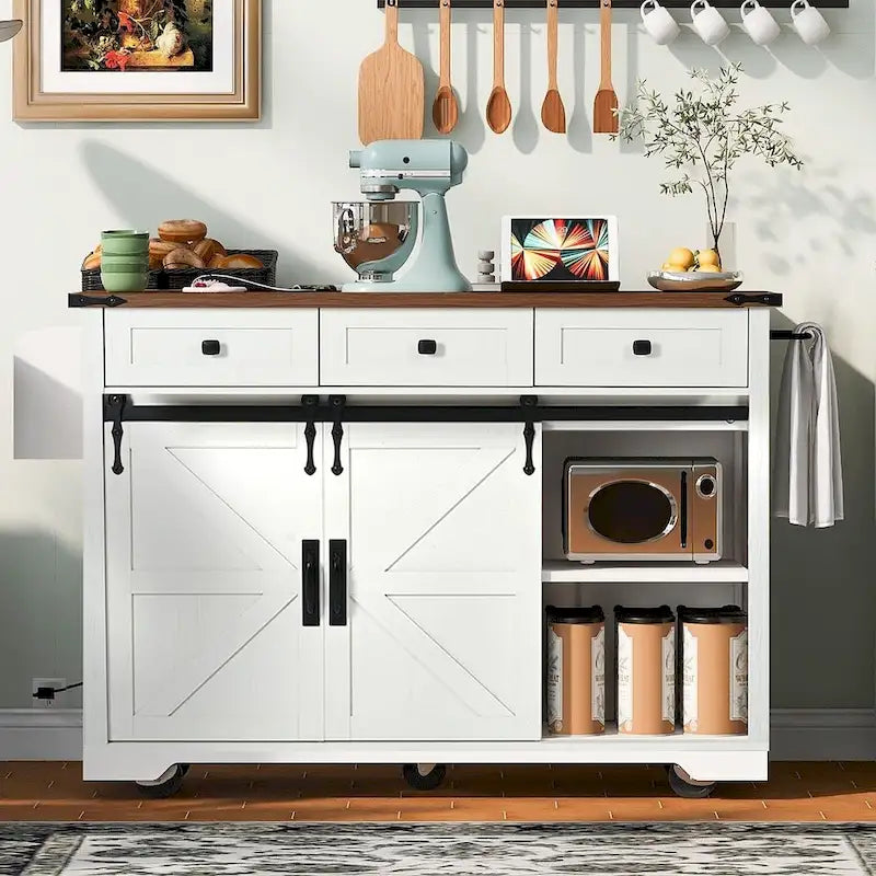 Carro de isla de cocina estilo granja con ruedas, toma de corriente